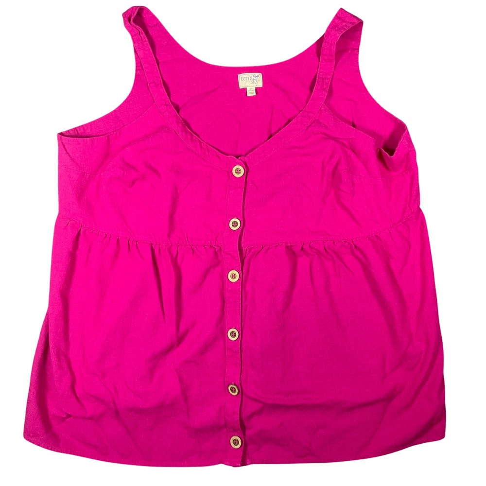 Terra & Sky Hot Pink Button Front Peplum Tank Top Linen Blend Plus Size 3X
